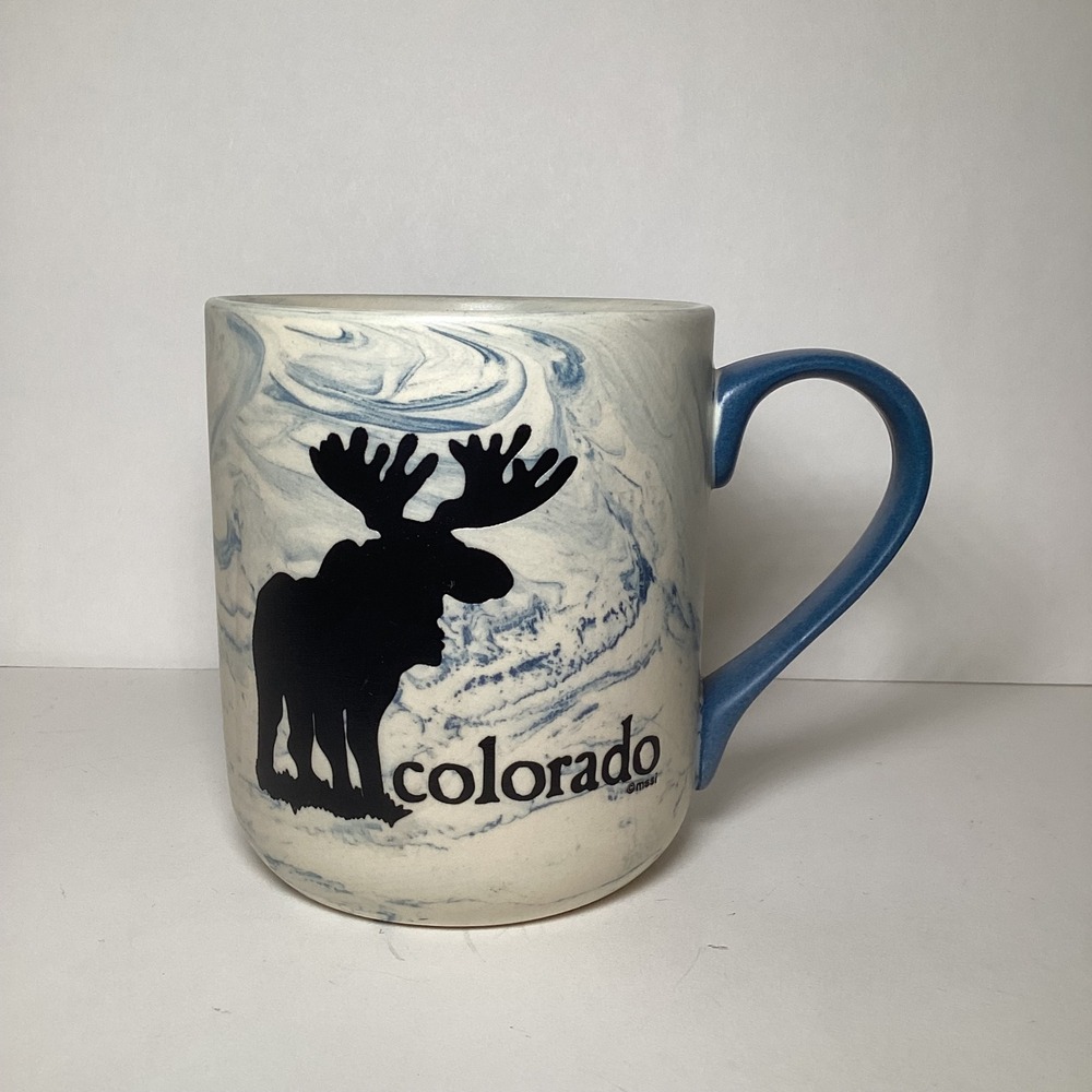 Colorado Moose Marble Swirl Ceramic Coffee Mug Blue White Souvenir Cup